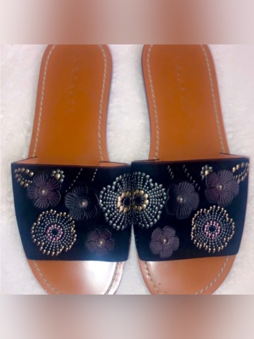Coach Tea Rose Rivet Stud Black Suede Slide Sandals Shoes Size 8